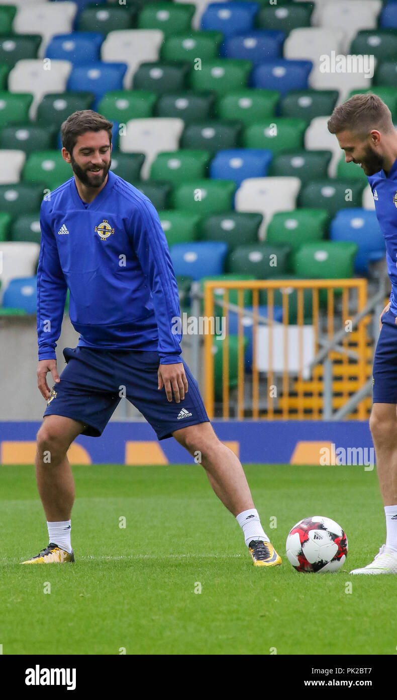 Windsor Park, Belfast, Northern Ireland. 10 September 2018. After Saturday's defeat in the UEFA Nations League, Northern Ireland returned to training this morning at Windsor Park. Tomorrow night they play Israel in a friendly international. Will Grigg in training. Credit: David Hunter/Alamy Live News. Stock Photo