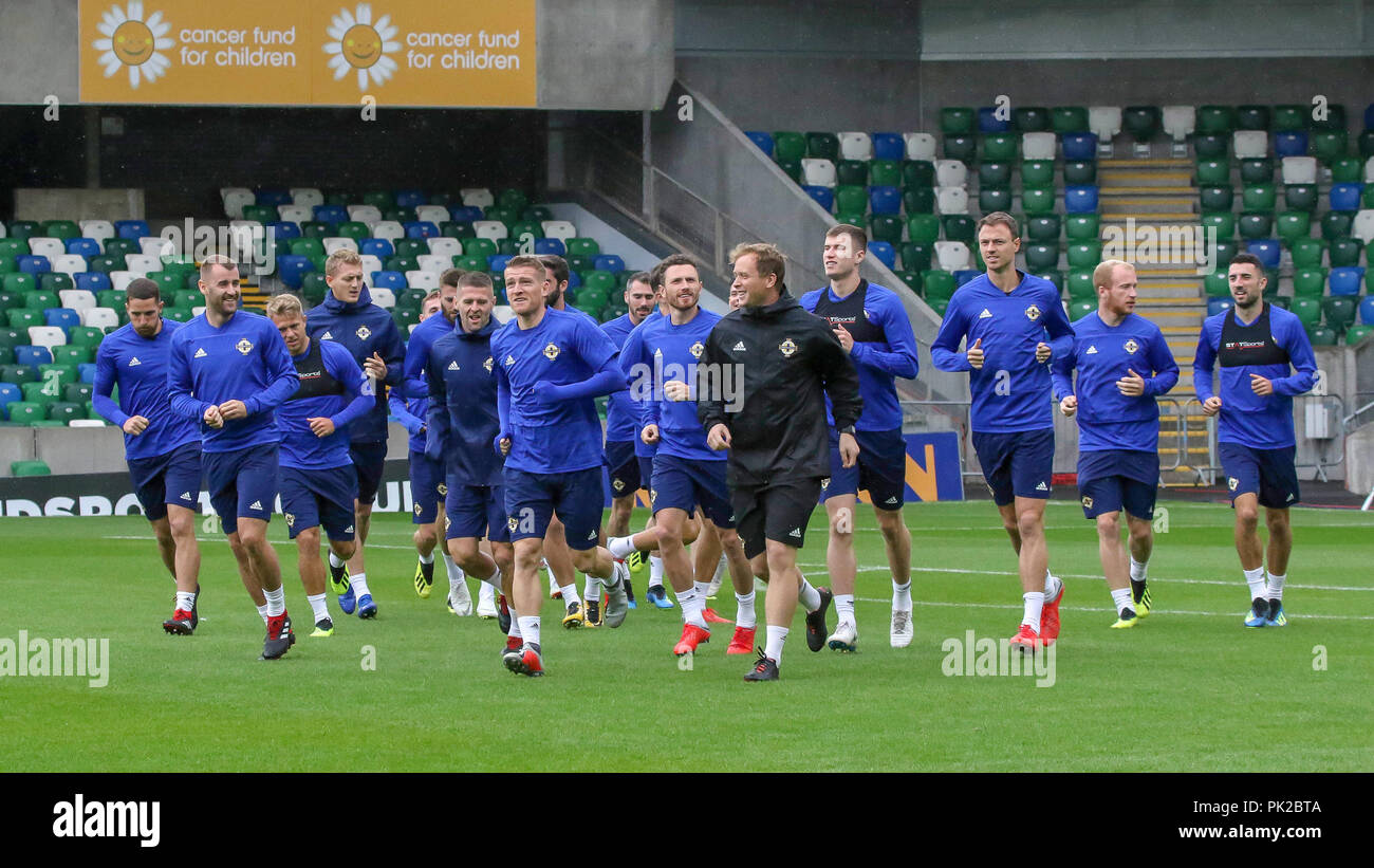 Windsor Park, Belfast, Northern Ireland. 10 September 2018. After Saturday's defeat in the UEFA Nations League, Northern Ireland returned to training this morning at Windsor Park. Tomorrow night they play Israel in a friendly international. Credit: David Hunter/Alamy Live News. Stock Photo