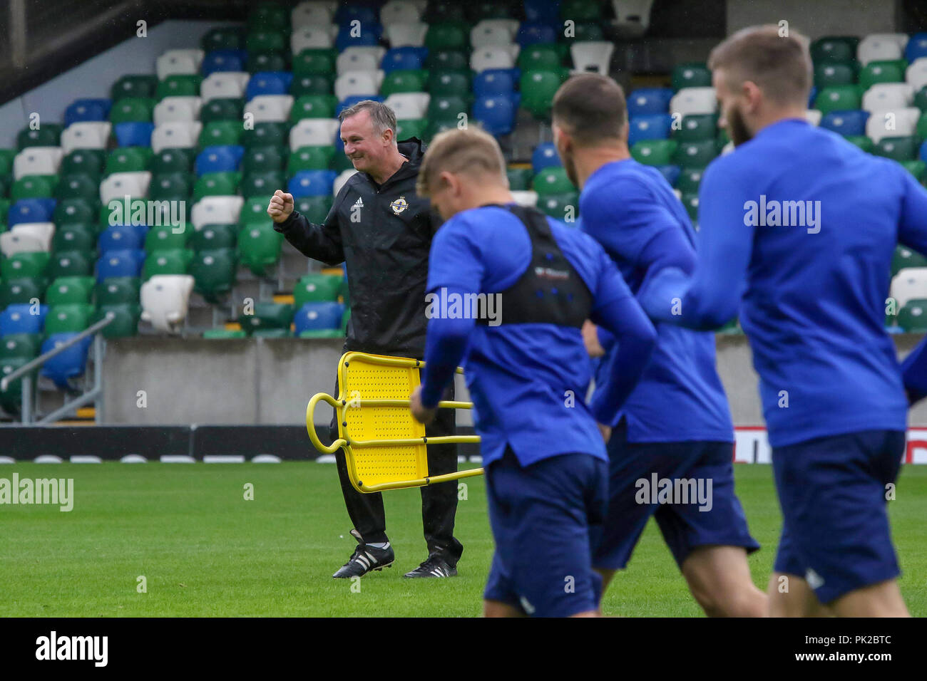 Windsor Park, Belfast, Northern Ireland. 10 September 2018. After Saturday's defeat in the UEFA Nations League, Northern Ireland returned to training this morning at Windsor Park. Tomorrow night they play Israel in a friendly international. Michael O'Neill at this morning's session. Credit: David Hunter/Alamy Live News. Stock Photo