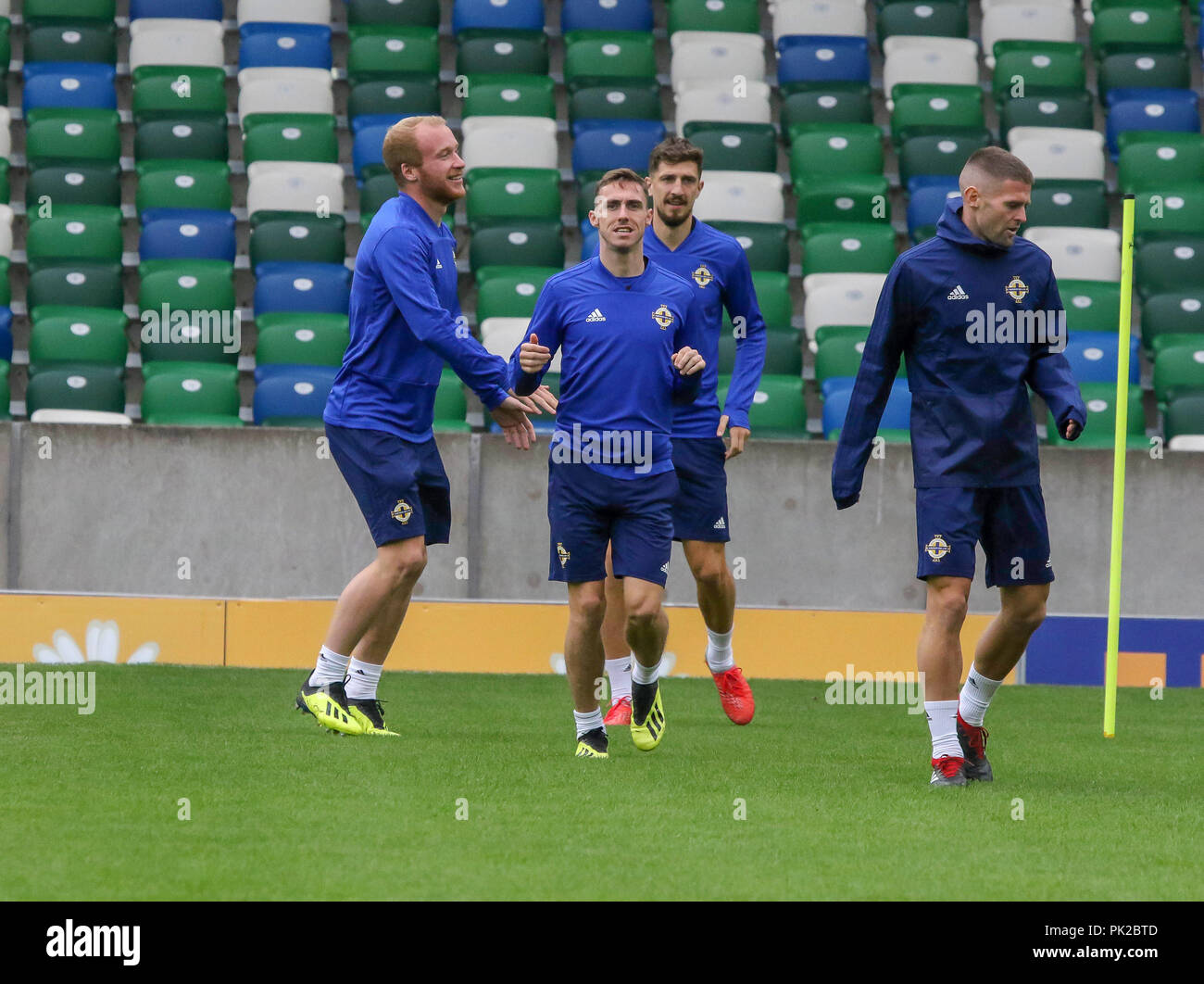 Windsor Park, Belfast, Northern Ireland. 10 September 2018. After Saturday's defeat in the UEFA Nations League, Northern Ireland returned to training this morning at Windsor Park. Tomorrow night they play Israel in a friendly international. Gavin Whyte (centre). Credit: David Hunter/Alamy Live News. Stock Photo