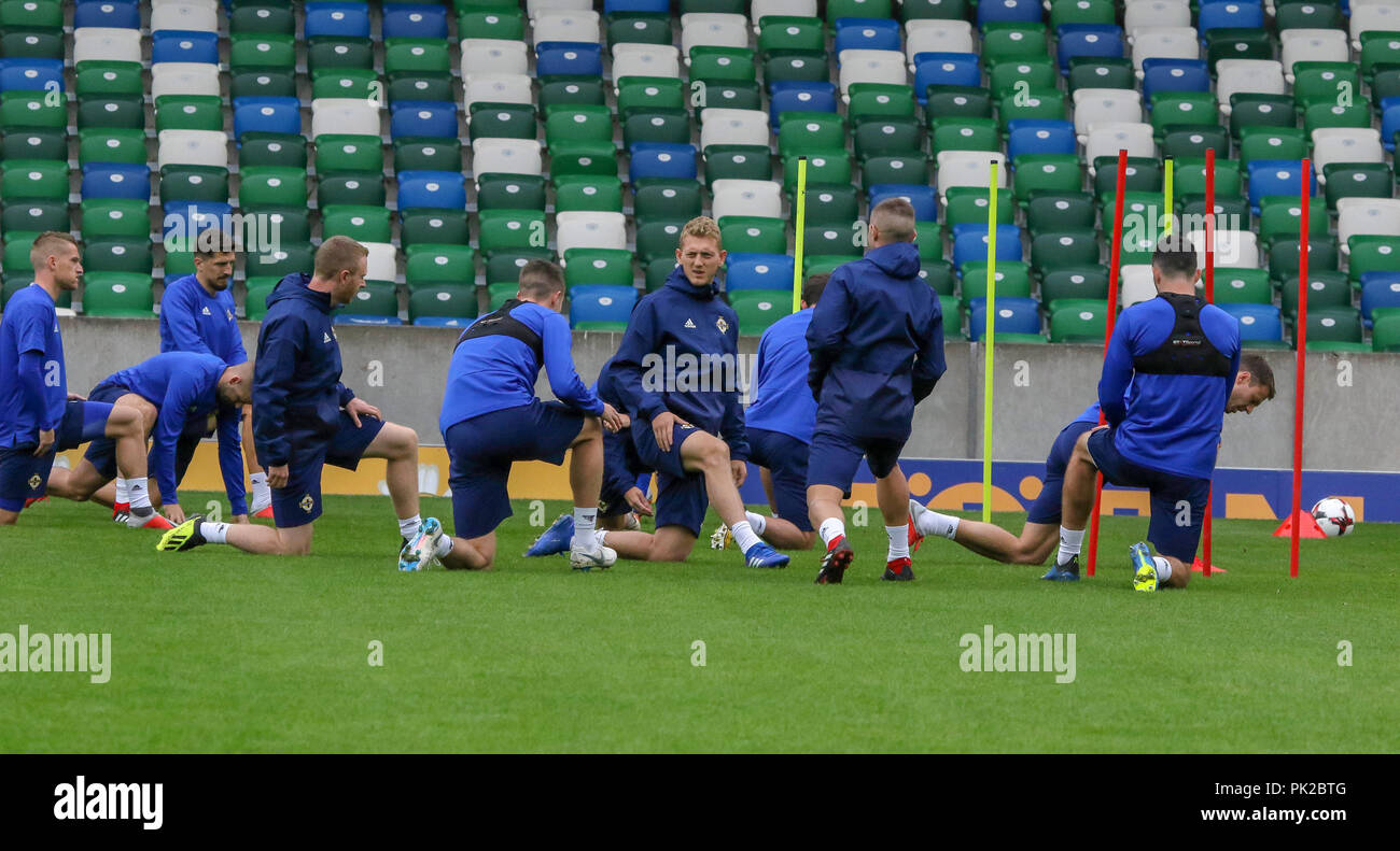 Windsor Park, Belfast, Northern Ireland. 10 September 2018. After Saturday's defeat in the UEFA Nations League, Northern Ireland returned to training this morning at Windsor Park. Tomorrow night they play Israel in a friendly international. George Saville in training. Credit: David Hunter/Alamy Live News. Stock Photo