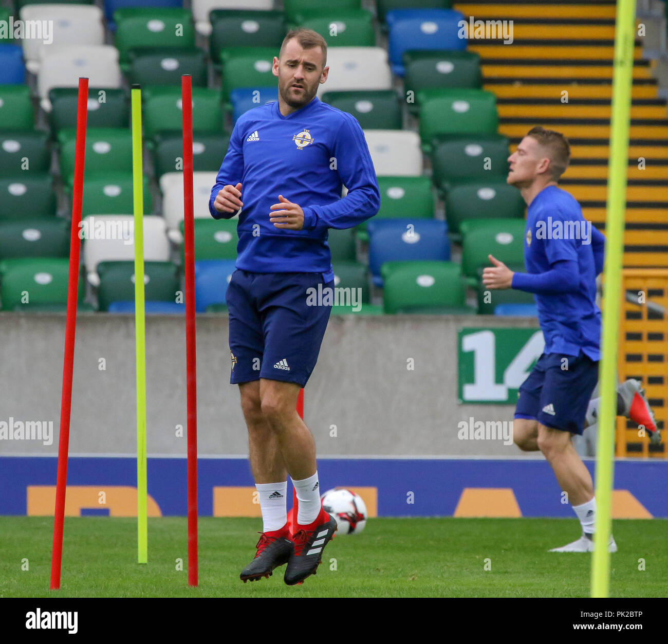 Windsor Park, Belfast, Northern Ireland. 10 September 2018. After Saturday's defeat in the UEFA Nations League, Northern Ireland returned to training this morning at Windsor Park. Tomorrow night they play Israel in a friendly international. Niall McGinn in training. Credit: David Hunter/Alamy Live News. Stock Photo