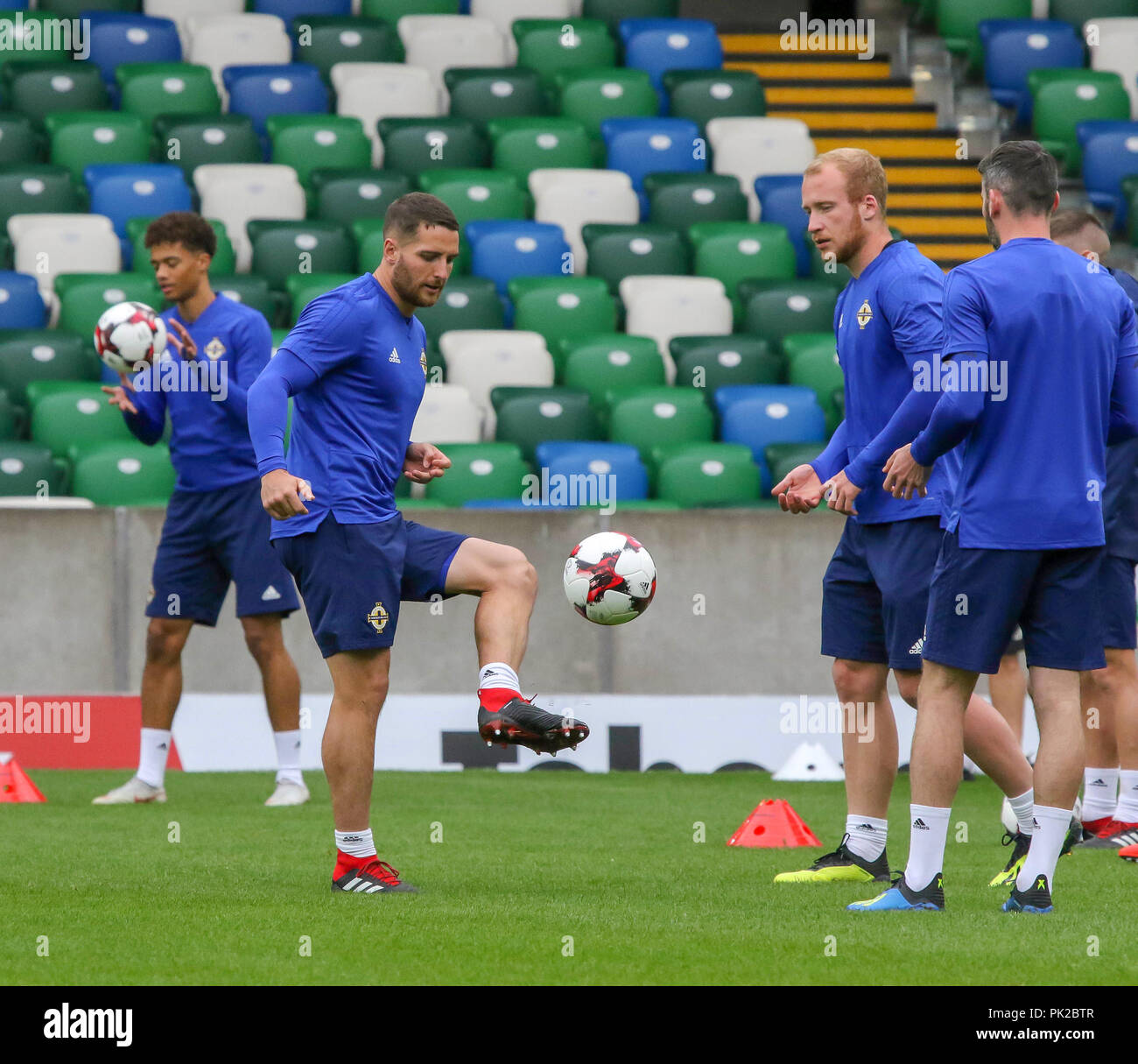 Windsor Park, Belfast, Northern Ireland. 10 September 2018. After Saturday's defeat in the UEFA Nations League, Northern Ireland returned to training this morning at Windsor Park. Tomorrow night they play Israel in a friendly international. Conor Washington on the ball. Credit: David Hunter/Alamy Live News. Stock Photo