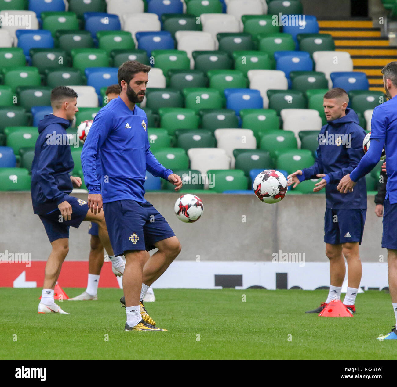 Windsor Park, Belfast, Northern Ireland. 10 September 2018. After Saturday's defeat in the UEFA Nations League, Northern Ireland returned to training this morning at Windsor Park. Tomorrow night they play Israel in a friendly international. Will Grigg in training. Credit: David Hunter/Alamy Live News. Stock Photo