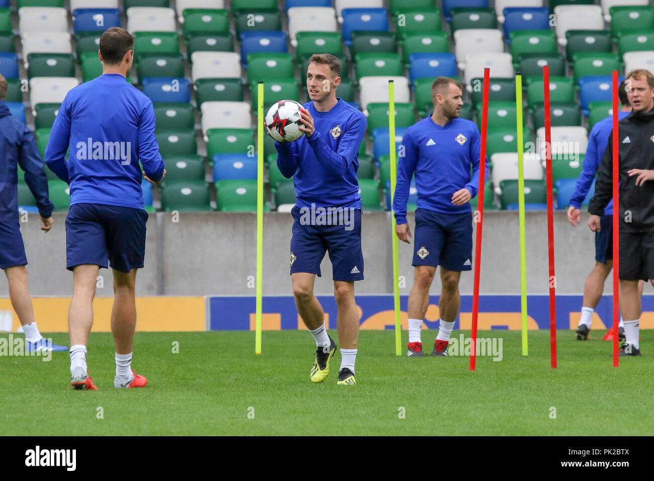 Windsor Park, Belfast, Northern Ireland. 10 September 2018. After Saturday's defeat in the UEFA Nations League, Northern Ireland returned to training this morning at Windsor Park. Tomorrow night they play Israel in a friendly international. Gavin Whyte in training. Credit: David Hunter/Alamy Live News. Stock Photo
