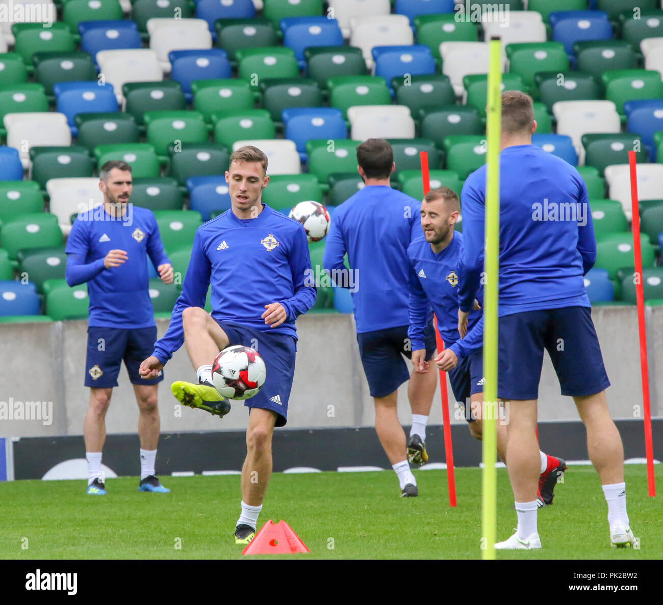 Windsor Park, Belfast, Northern Ireland. 10 September 2018. After Saturday's defeat in the UEFA Nations League, Northern Ireland returned to training this morning at Windsor Park. Tomorrow night they play Israel in a friendly international. Gavin Whyte on the ball. Credit: David Hunter/Alamy Live News. Stock Photo