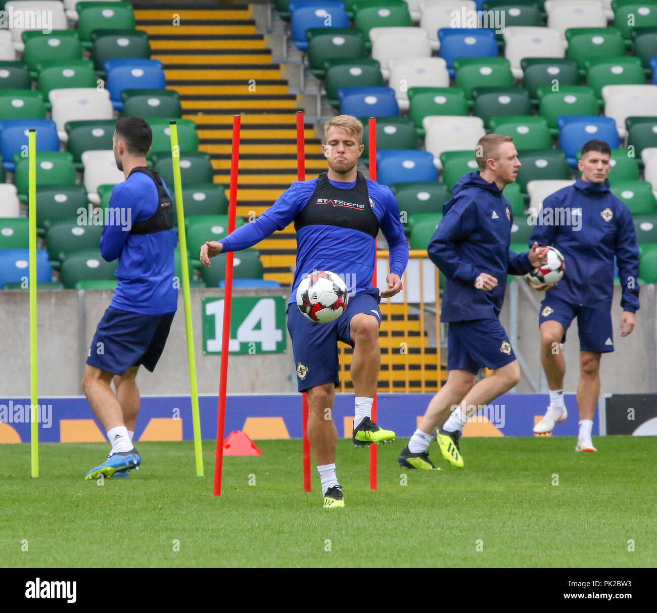 Windsor Park, Belfast, Northern Ireland. 10 September 2018. After Saturday's defeat in the UEFA Nations League, Northern Ireland returned to training this morning at Windsor Park. Tomorrow night they play Israel in a friendly international. Jamie Ward. Credit: David Hunter/Alamy Live News. Stock Photo