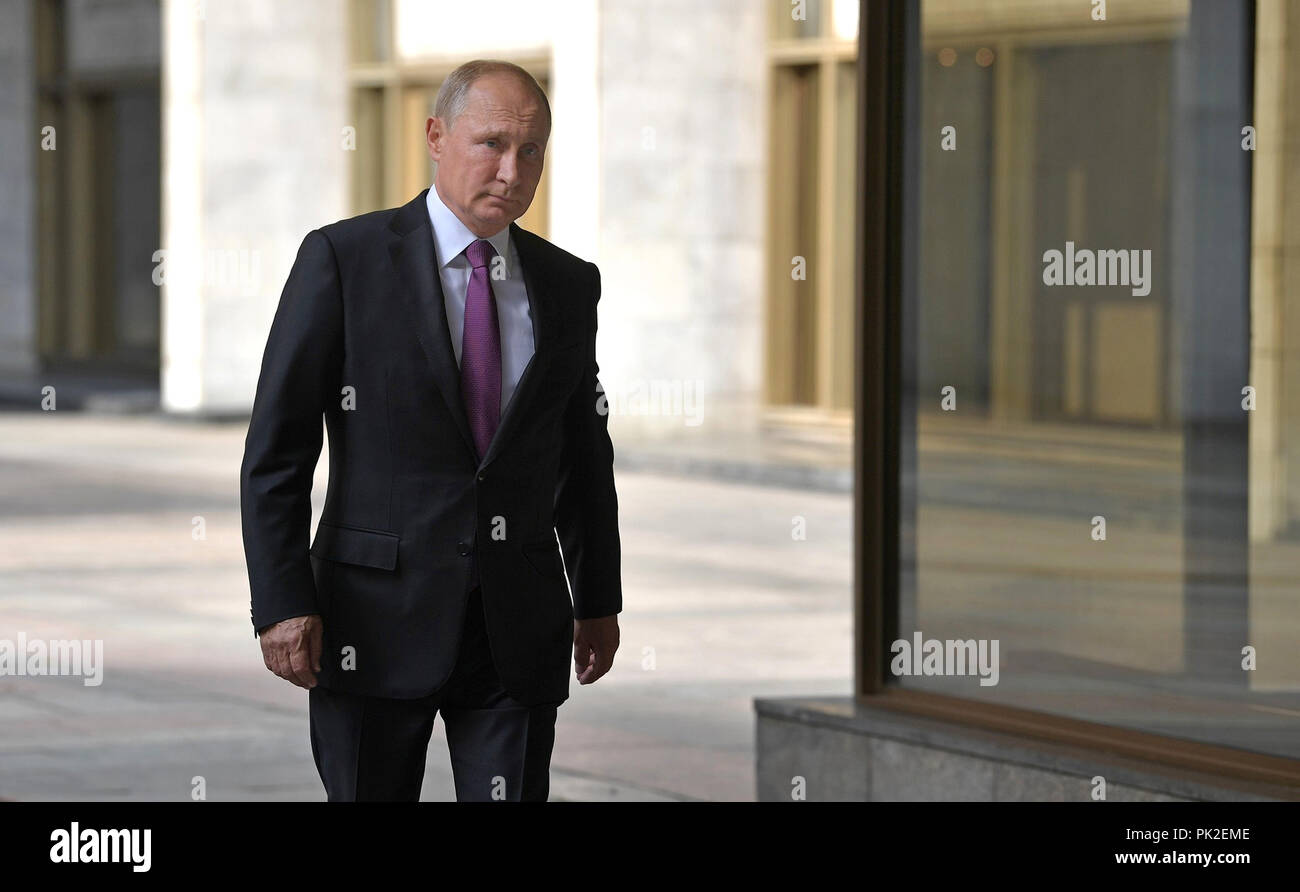 Moscow, Russia. 9th September, 2018. Russian President Vladimir Putin arrives to cast his vote in the elections for Moscow Mayor at Polling Station No 2151 in the Russian Academy of Sciences building September 9, 2018 in Moscow, Russia. The current Mayor Sergei Sobyanin is Putins former Chief of Staff and expected to win. Credit: Planetpix/Alamy Live News Stock Photo
