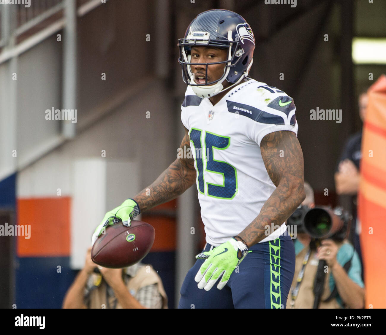 September 09, 2018: Seattle Seahawks wide receiver Brandon Marshall (15) in the end zone after scoring a touchdown during the third quarter of an NFL matchup between the Seattle Seahawks and the Denver Broncos at Broncos Stadium at Mile High Denver CO, Scott D Stivason/Cal Sport Media Stock Photo