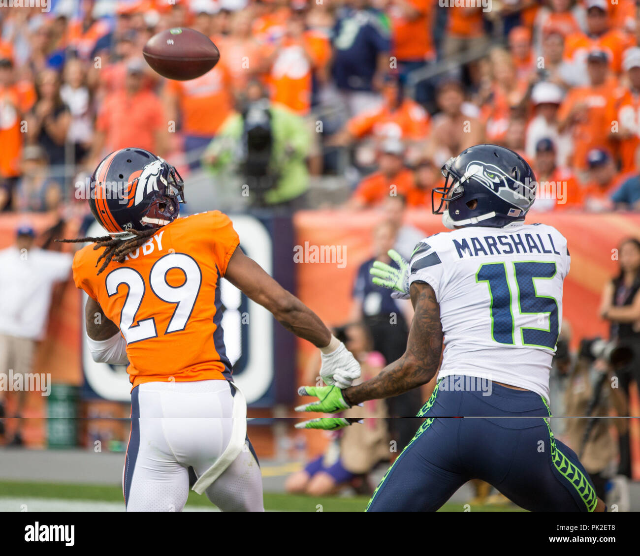 September 09, 2018: Seattle Seahawks wide receiver Brandon Marshall (15) being covered by Denver Broncos defensive back Bradley Roby (29) during the third quarter of an NFL matchup between the Seattle Seahawks and the Denver Broncos at Broncos Stadium at Mile High Denver CO, Scott D Stivason/Cal Sport Media Stock Photo