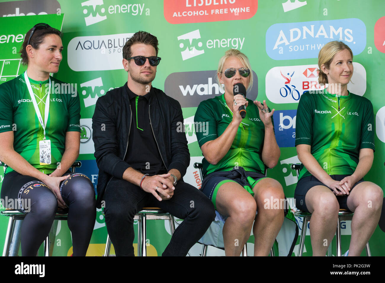 London, UK. 9th September, 2018. Mixed doubles badminton Olympic silver  medallist Gail Emms is interviewed with Dame Sarah Storey, Adam Blythe and  Polly Burge before the 77km London Stage (Stage 8) of