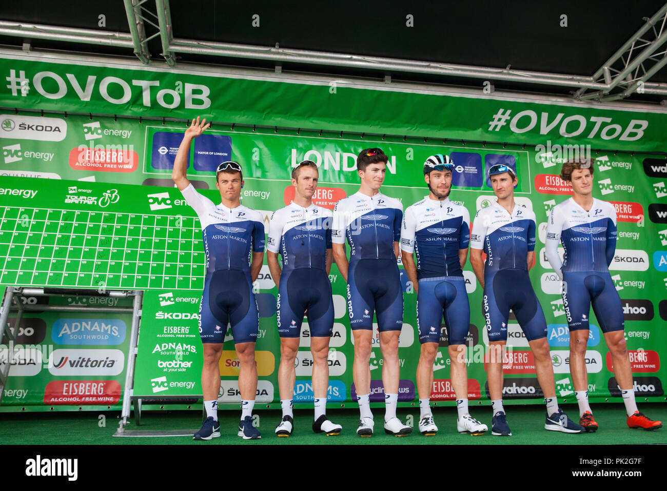 London, UK. 9th September, 2018. Riders from the ONE Pro Cycling team are presented before the 77km London Stage (Stage 8) of the OVO Energy Tour of Britain cycle race. Credit: Mark Kerrison/Alamy Live News Stock Photo
