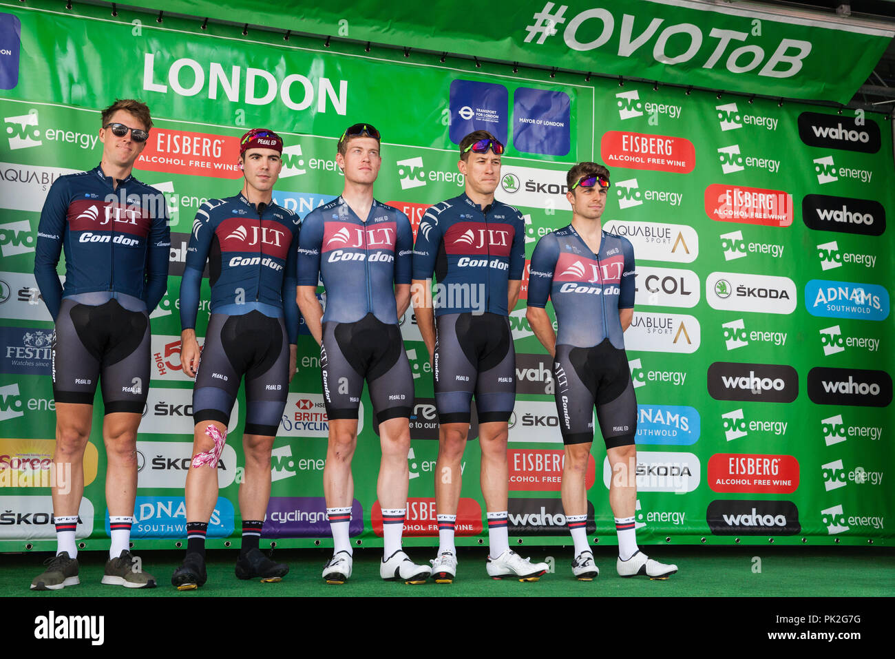 London, UK. 9th September, 2018. Riders from the JLT Condor team are presented before the 77km London Stage (Stage 8) of the OVO Energy Tour of Britain cycle race. Credit: Mark Kerrison/Alamy Live News Stock Photo