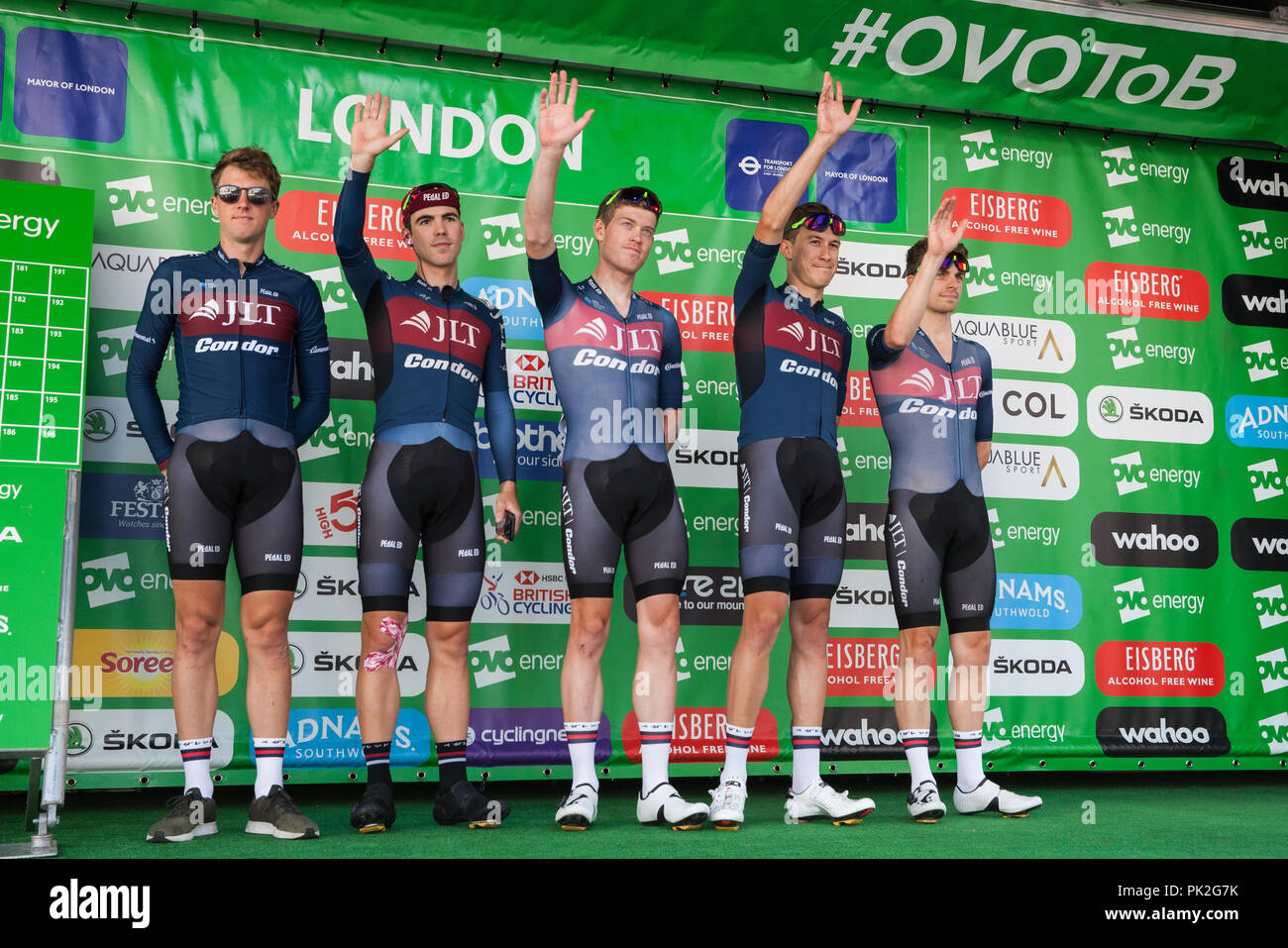 London, UK. 9th September, 2018. Riders from the JLT Condor team are presented before the 77km London Stage (Stage 8) of the OVO Energy Tour of Britain cycle race. Credit: Mark Kerrison/Alamy Live News Stock Photo