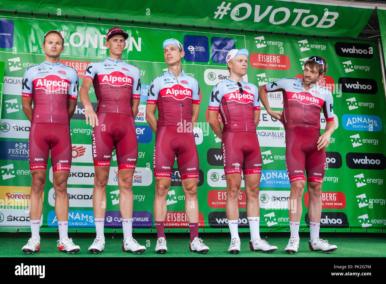 London, UK. 9th September, 2018. Riders from Team KATUSHA ALPECIN are presented before the 77km London Stage (Stage 8) of the OVO Energy Tour of Britain cycle race. Credit: Mark Kerrison/Alamy Live News Stock Photo