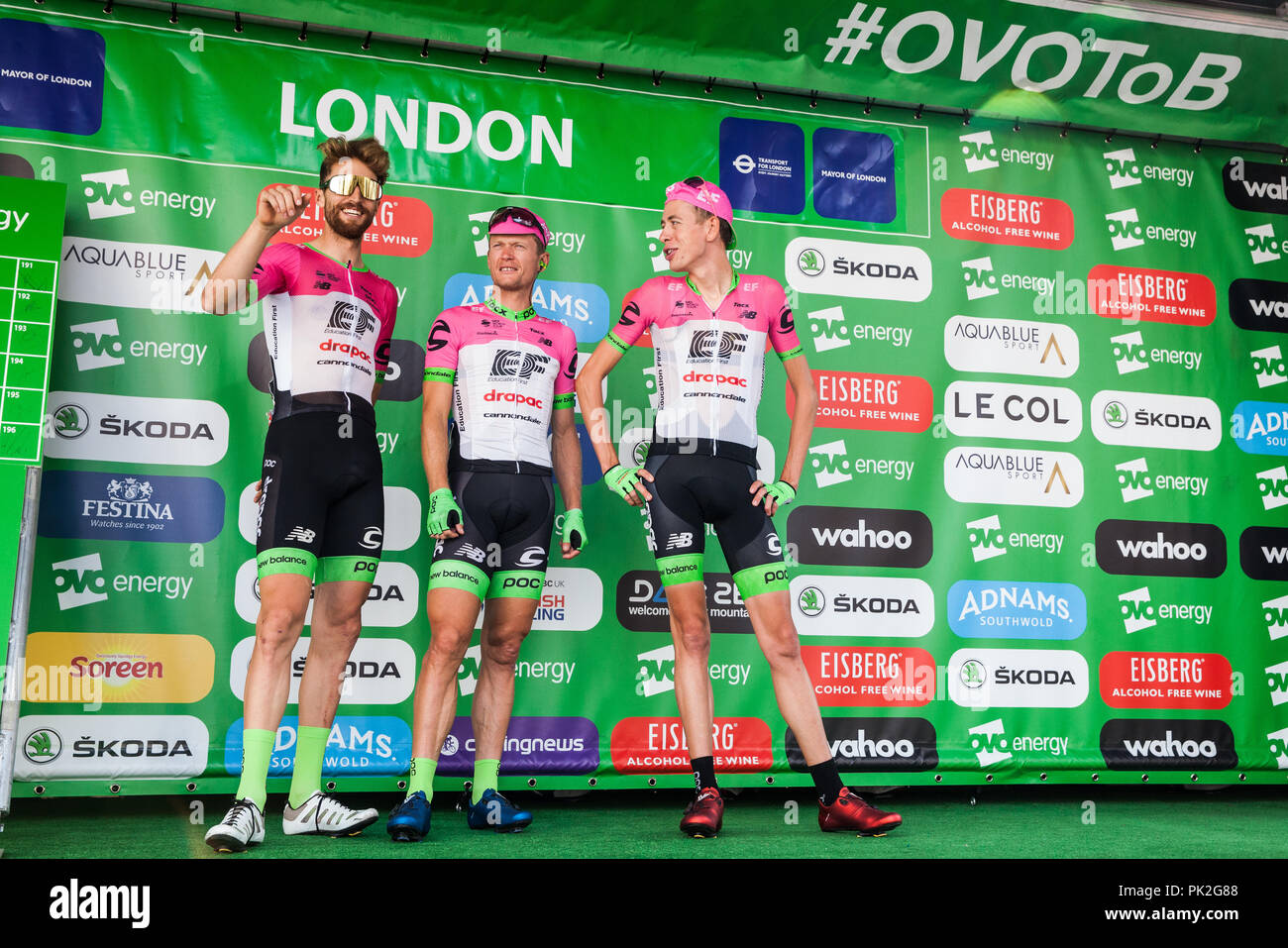 London, UK. 9th September, 2018. Riders from Team EF Education First - Drapac p/b Cannondale are presented before the 77km London Stage (Stage 8) of the OVO Energy Tour of Britain cycle race. Credit: Mark Kerrison/Alamy Live News Stock Photo