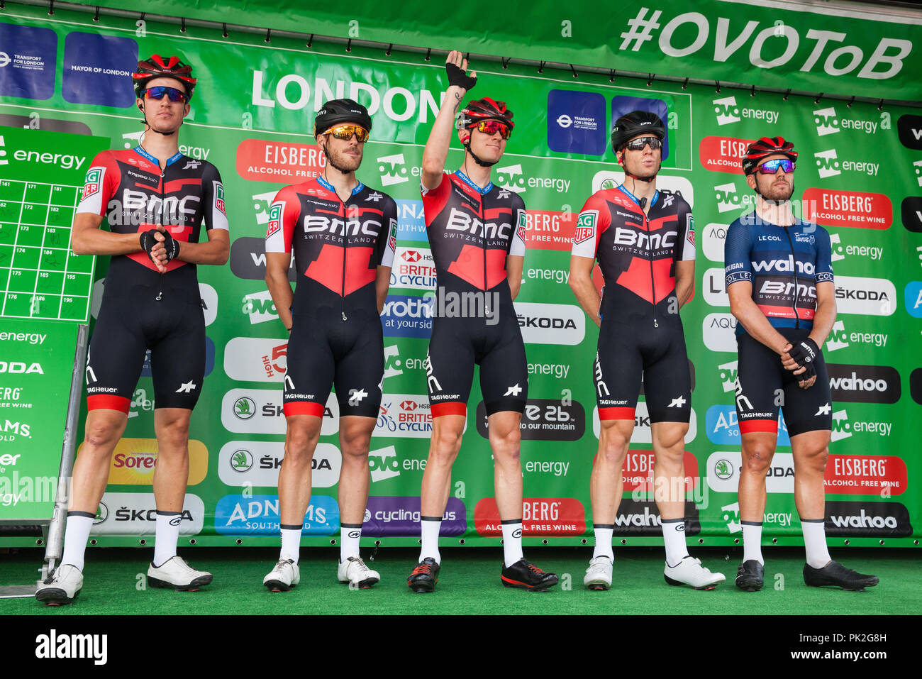 London, UK. 9th September, 2018. Riders from the BMC Racing team are presented before the 77km London Stage (Stage 8) of the OVO Energy Tour of Britain cycle race. Credit: Mark Kerrison/Alamy Live News Stock Photo
