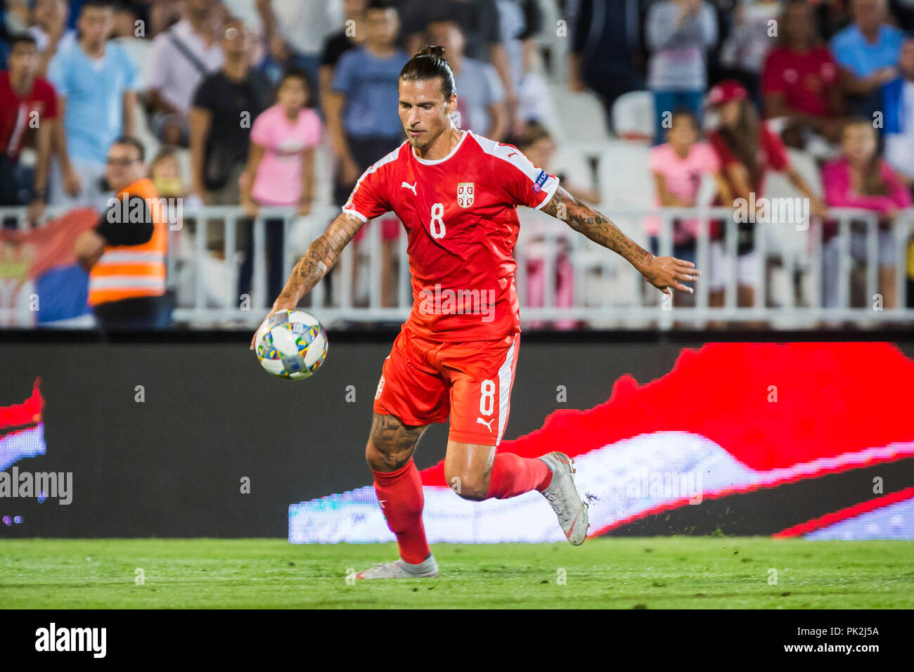 FK Partizan Stadium, Belgrade, Serbia. 10th Sep, 2018. UEFA Nations League football, Serbia versus Romania; Aleksandar Prijovic of Serbia tries to control the loose ball Credit: Action Plus Sports/Alamy Live News Stock Photo