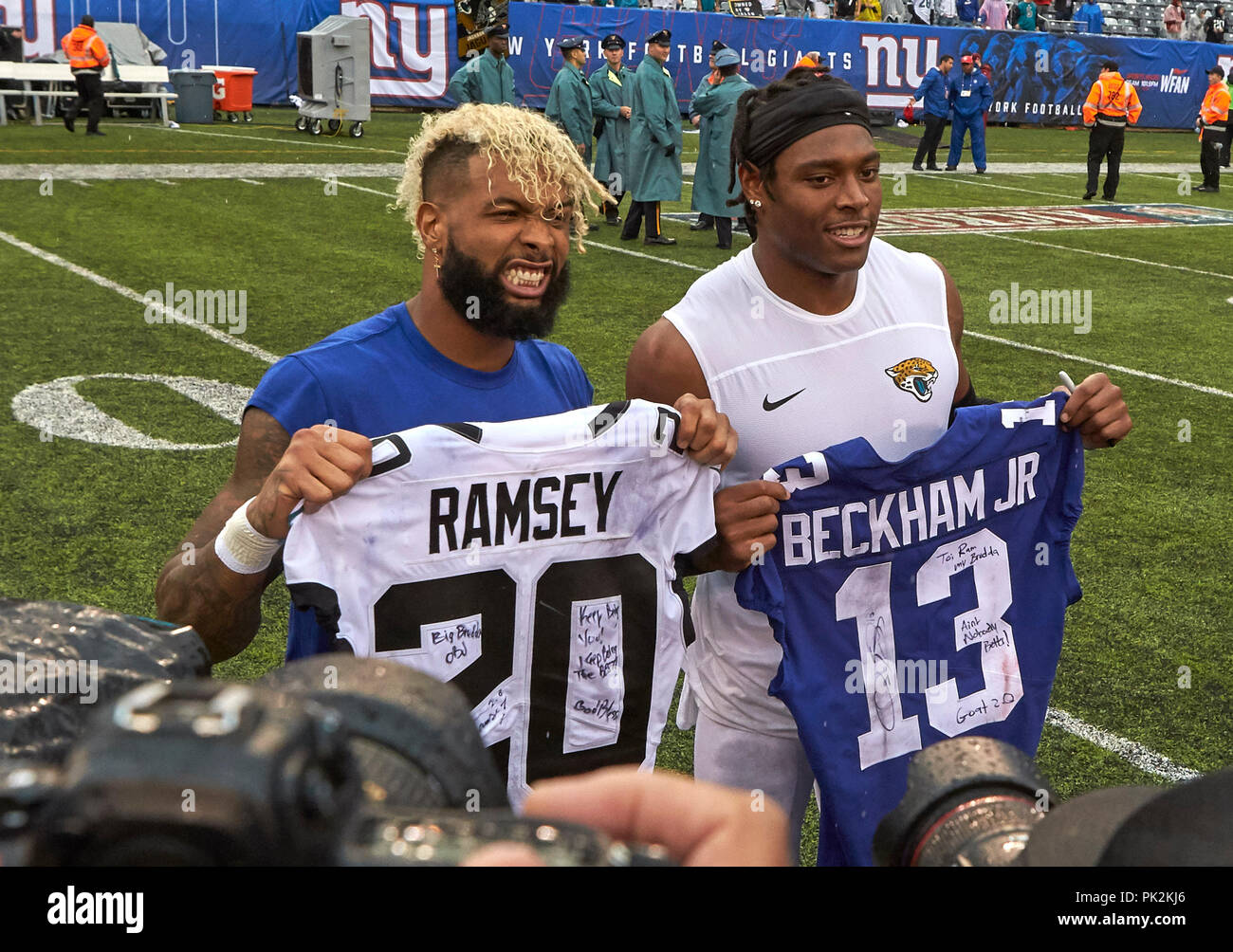 East Rutherford, New Jersey, USA. 9th Sep, 2018. Jacksonville Jaguars  cornerback Jalen Ramsey (20) and New York Giants wide receiver Odell Beckham  (13) swap jerseys after the game between the Jacksonville Jaguars
