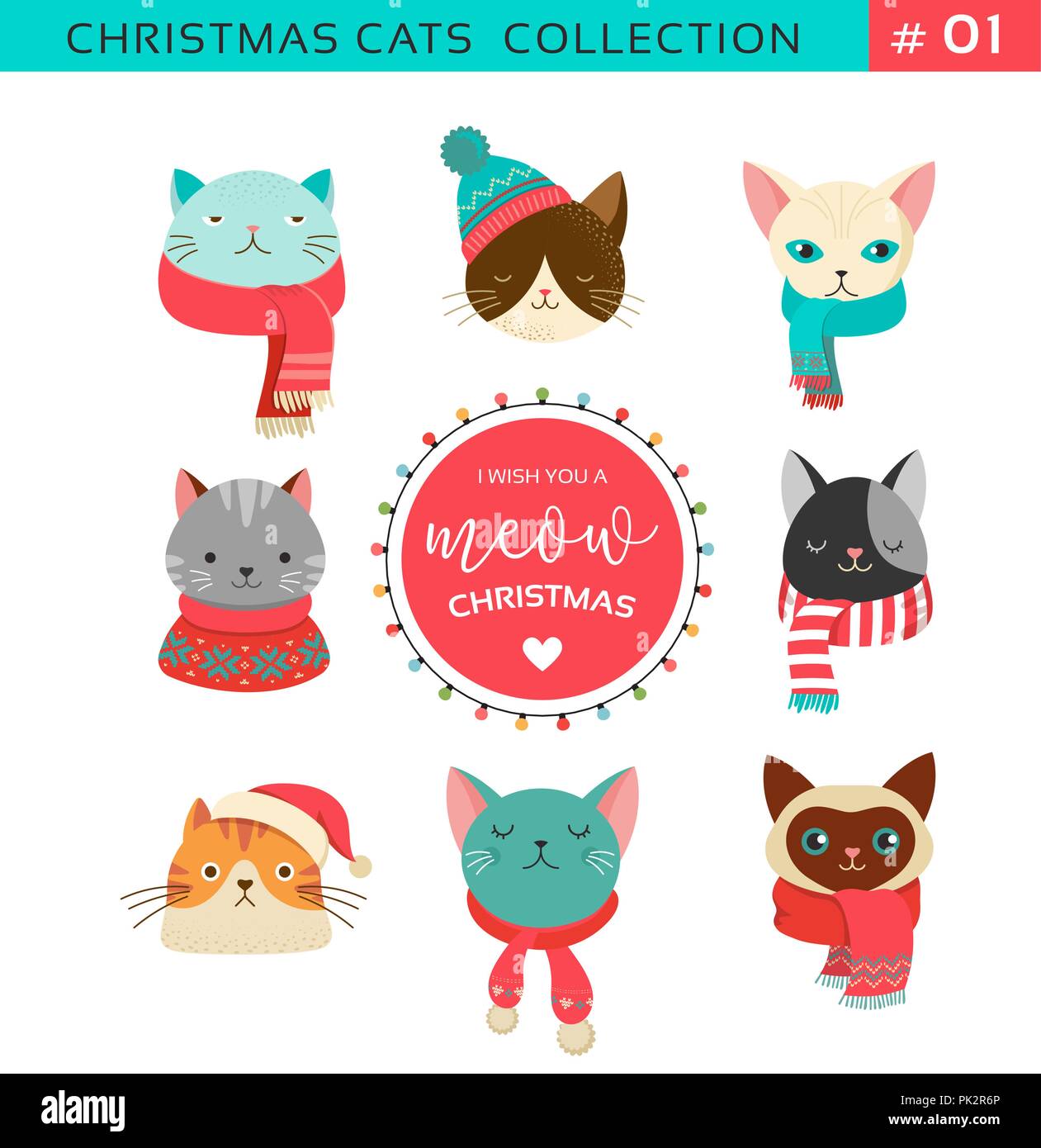 Merry Christmas greetings with cute cats characters, vector collection  Stock Vector
