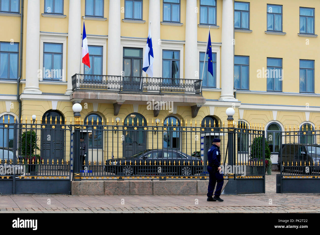 Helsinki, Finland. August 30, 2018. View to the Presidential Palace, Helsinki, Finland during the visit of French President Emmanuel Macron. Stock Photo