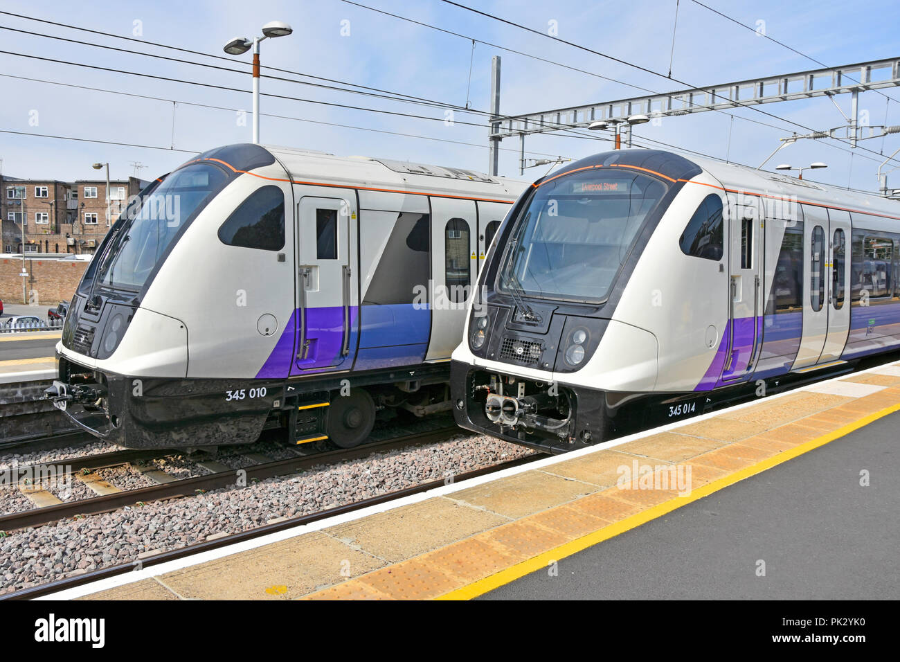 Front of two tfl Crossrail class 345 Elizabeth Line trains stop at Shenfield station Essex waiting to go back to London Liverpool Street England UK Stock Photo