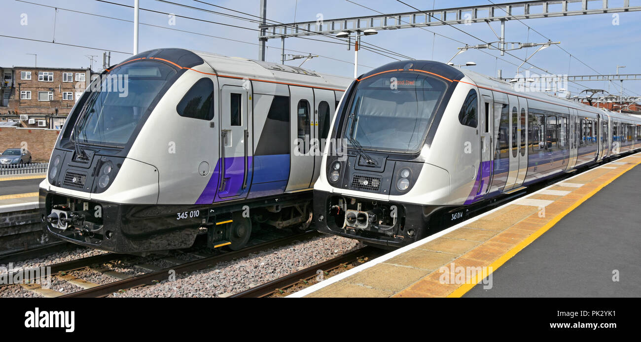 Elizabeth Line front of Transport for London Crossrail public transport commuter passenger trains at Shenfield station stopping all stations to London Stock Photo