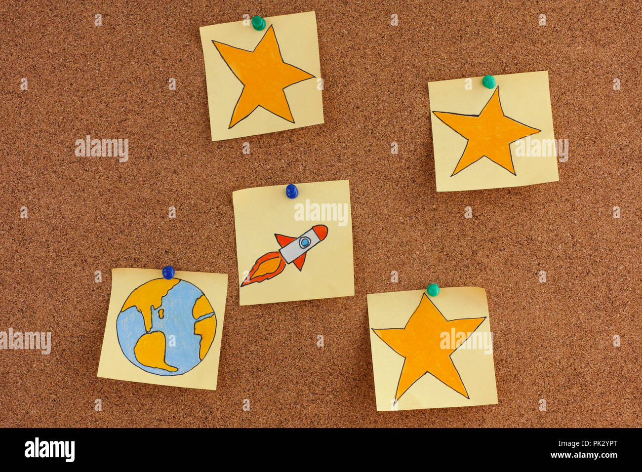 Post it Notes with planet Earth and Space Rocket with Stars on bulletin ...