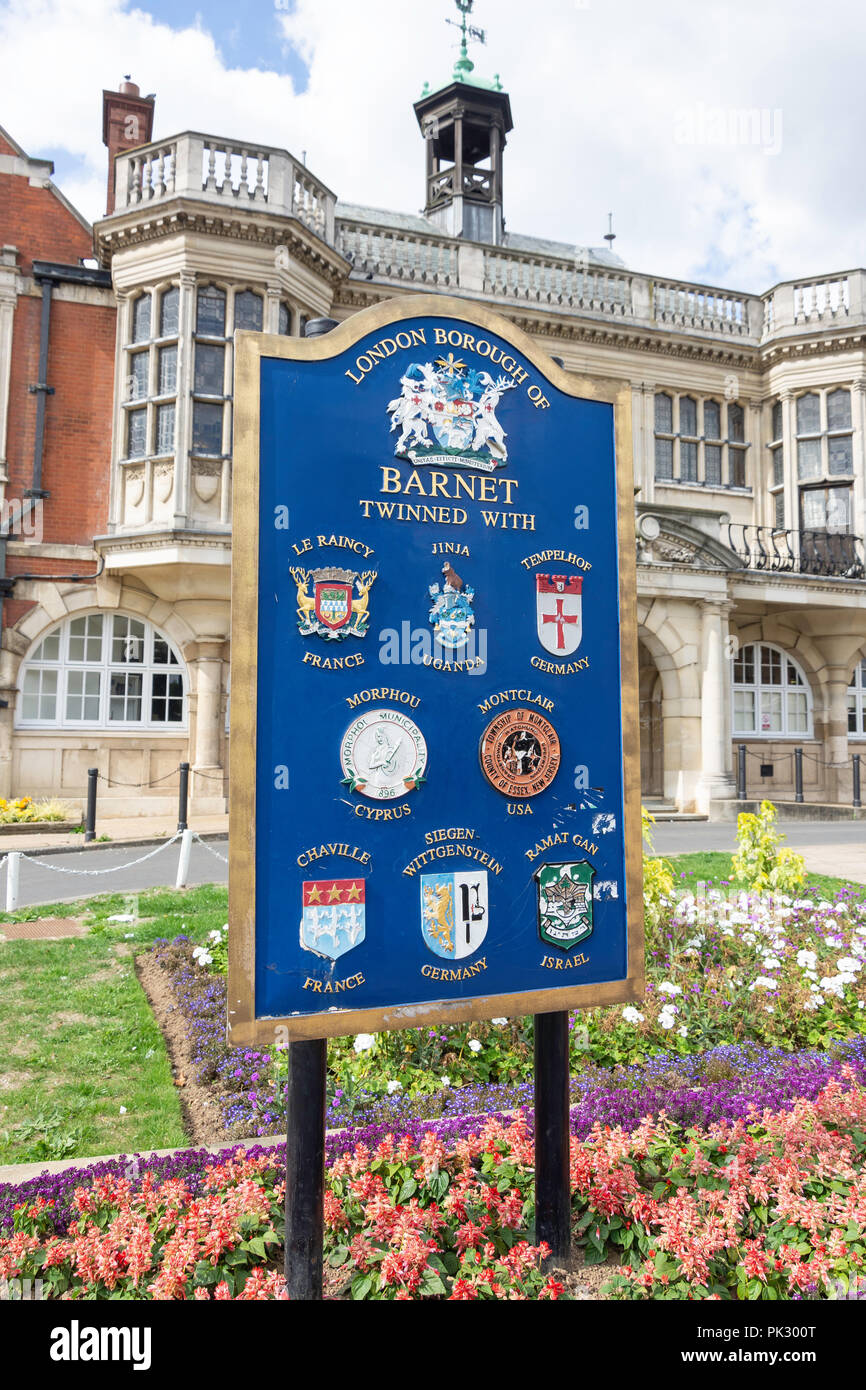 Twinned international towns sign, Hendon Town Hall, The Burroughs, Hendon, London Borough of Barnet, Greater London, England, United Kingdom Stock Photo