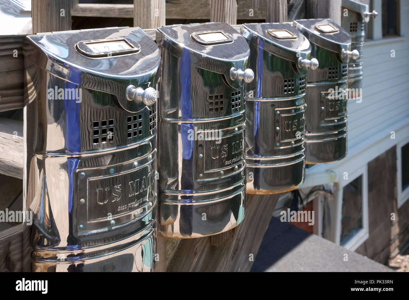 Row of Stainless Steel Mailboxes. Stock Photo