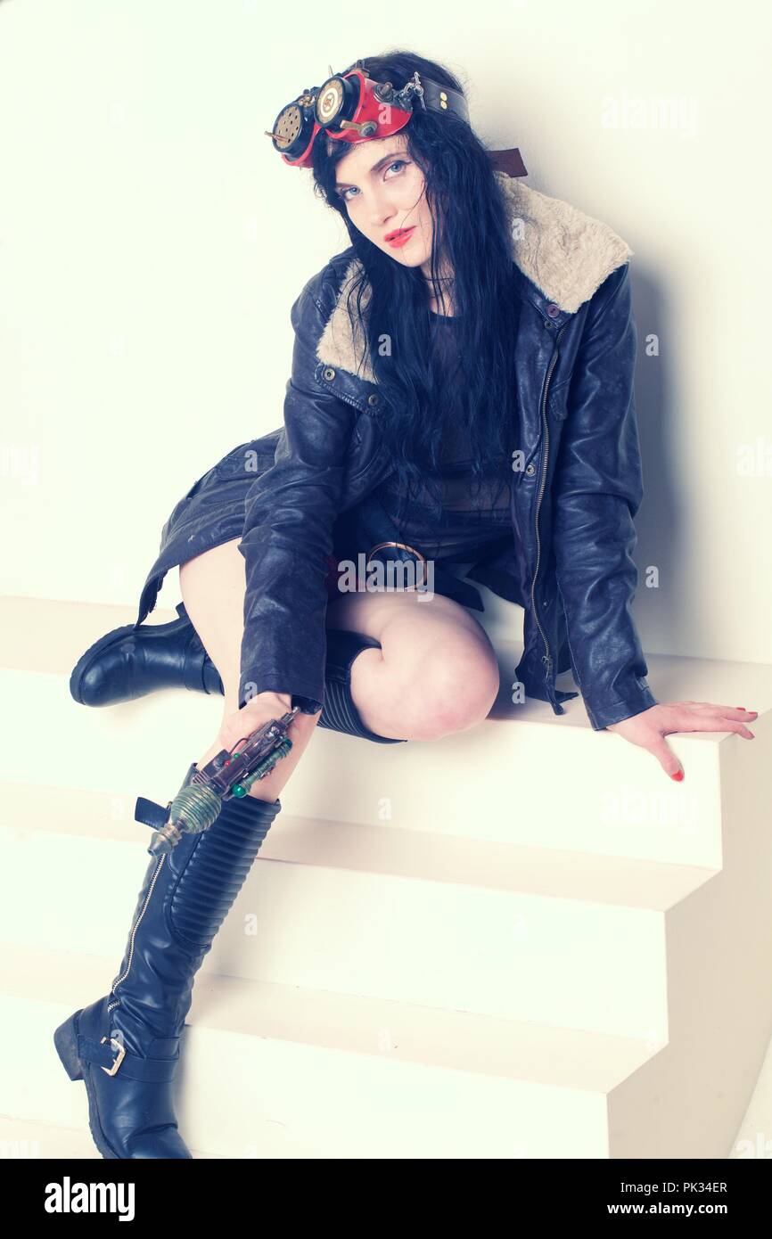 Sci fi dieselpunk or steampunk girl with ray gun Stock Photo