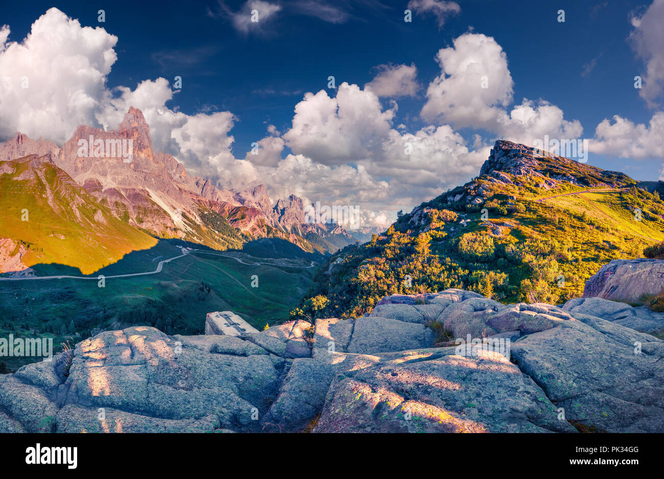 Panoramic views of the Pale di San Martino from Passo Rolle, Trentino - Dolomites, Italy. Cimon della Pala mountain ridge. Stock Photo