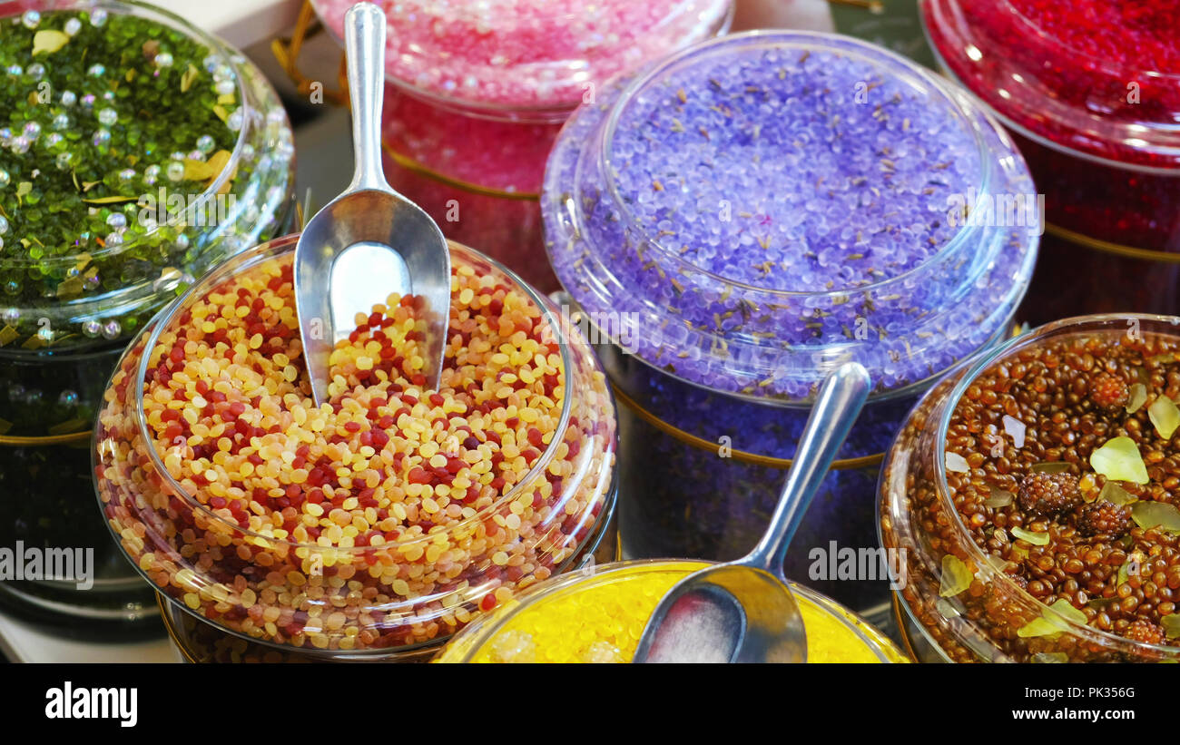 bath salts soaks closeup bathsalt in various scents in jars at shop store Stock Photo