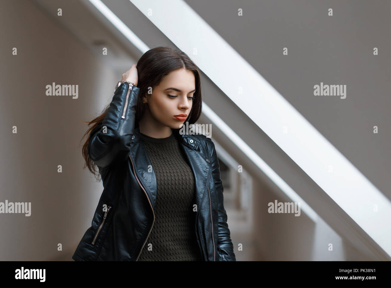 Beautiful woman in black jacket hi-res stock photography and images - Alamy
