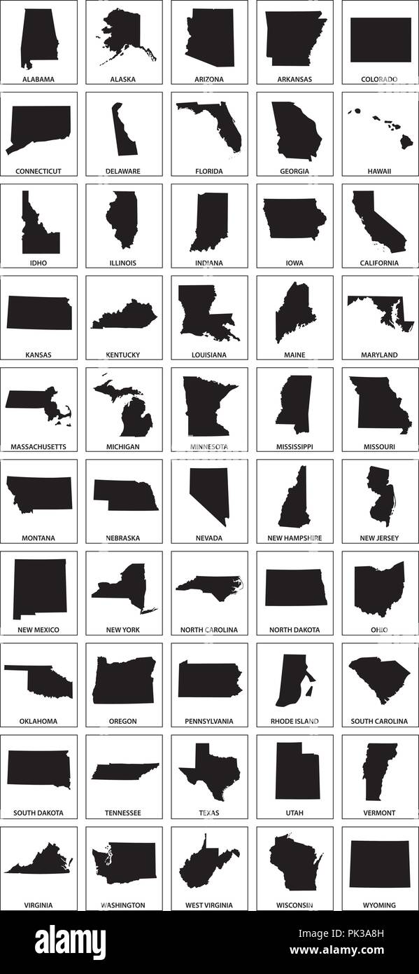black silhouette maps of 50 us states. Stock Vector