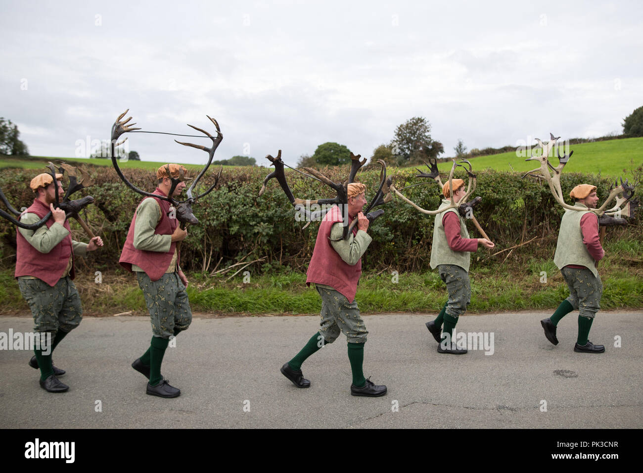 Dancers perform the Abbots Bromley Horn Dance, an English folk dance whose origins date back to the middle ages, in the Village of Abbots Bromley, Staffordshire. Stock Photo