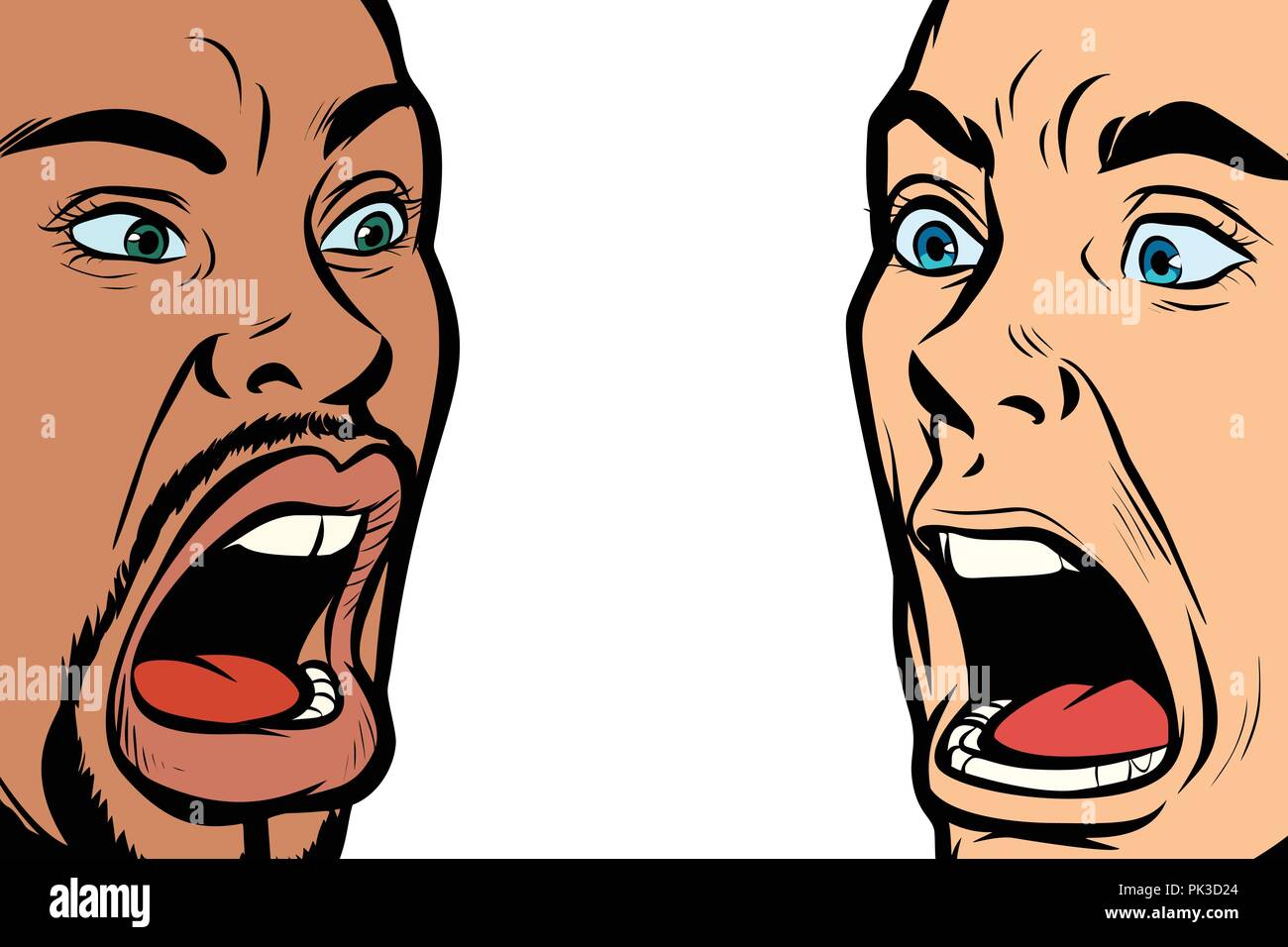 man scream face. African and Caucasian people Stock Vector