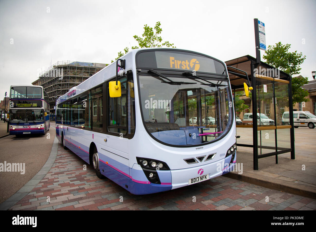 A First Bus Company volvo single decker bus in Huddersfield, West Yorkshire, England Stock Photo
