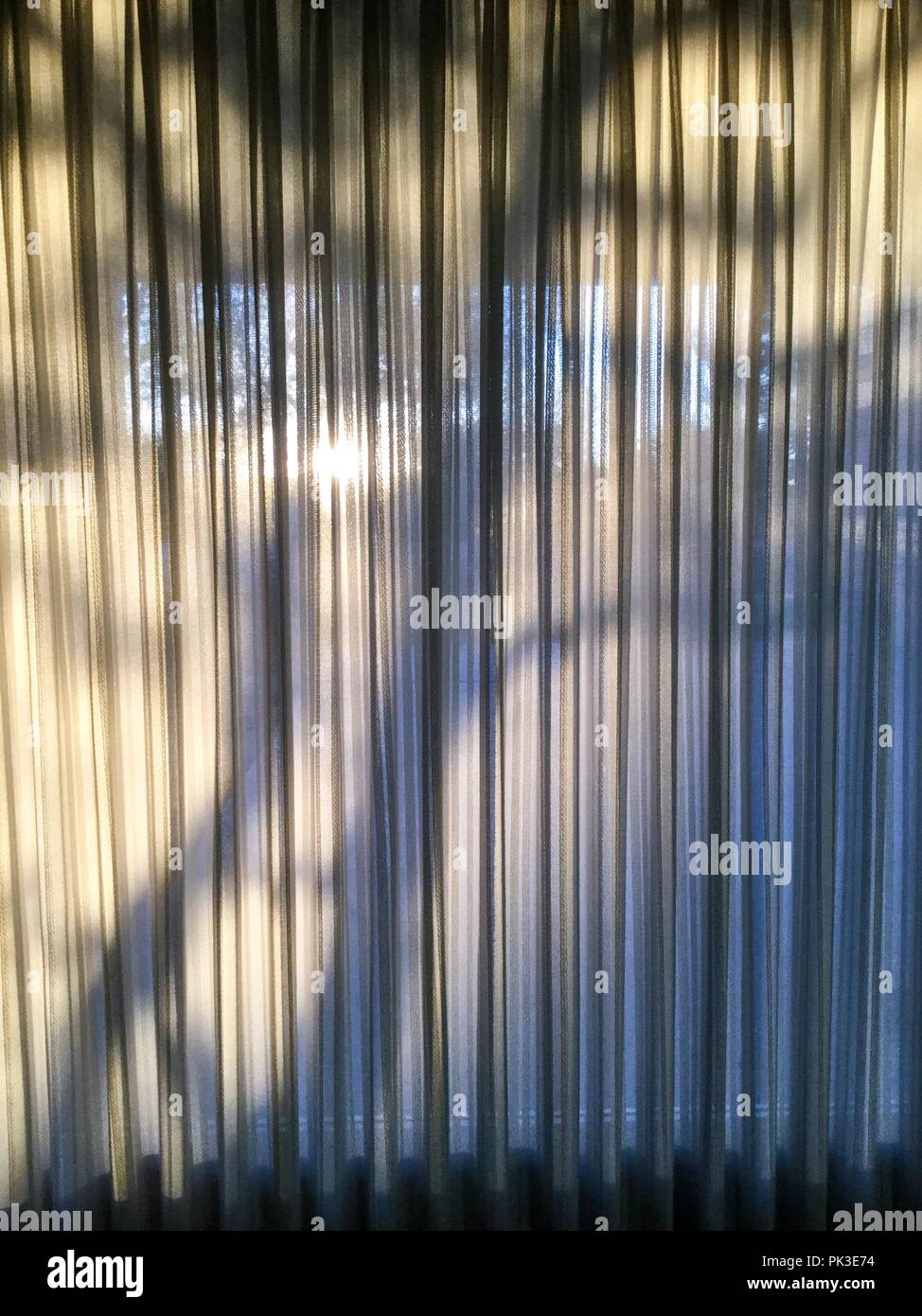 Tree shadows falling onto window curtains with folds and textures. Stock Photo