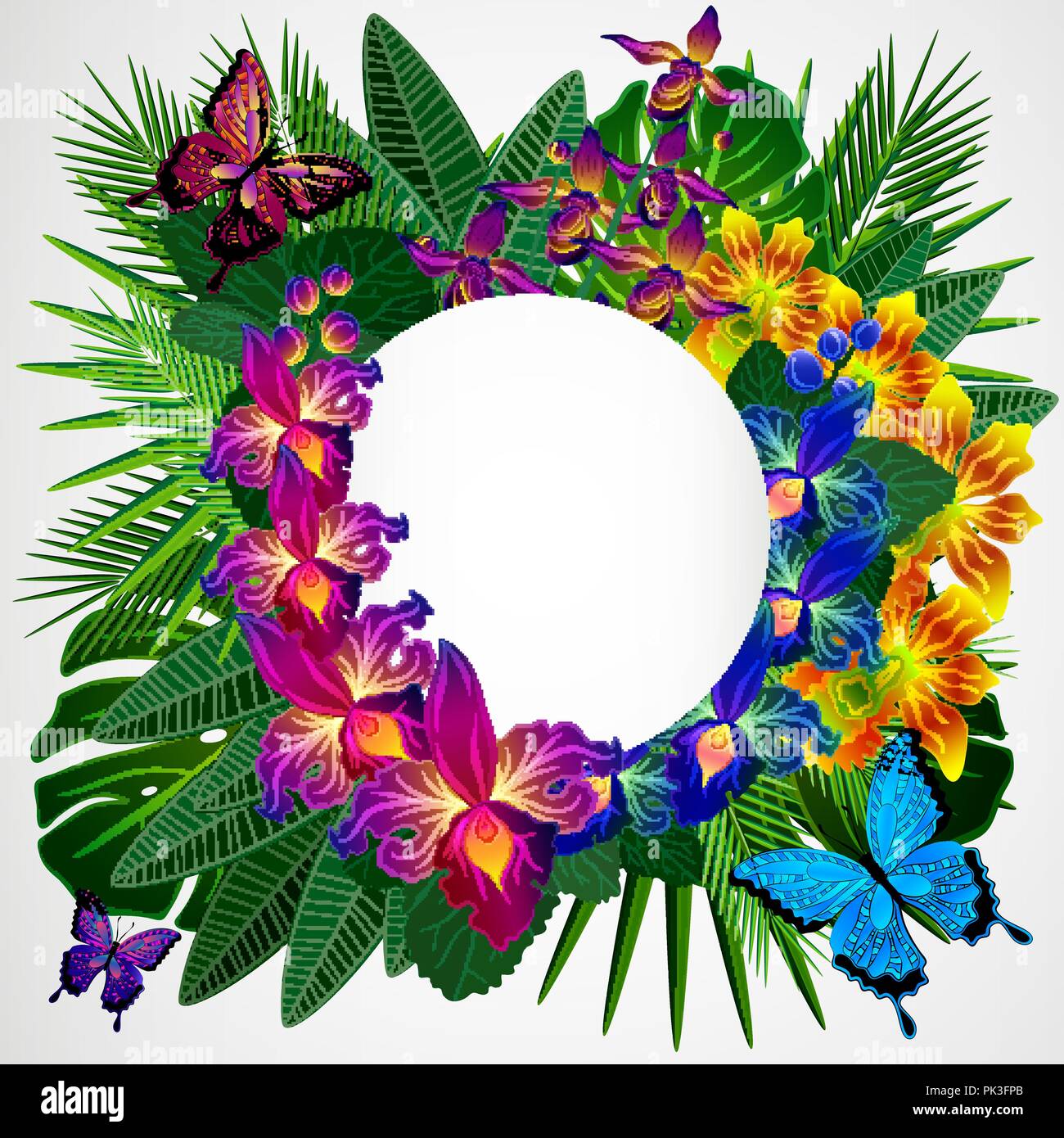 Floral Design Background Tropical Orchid Flowers Leaves And Butterflies Stock Vector Image Art Alamy