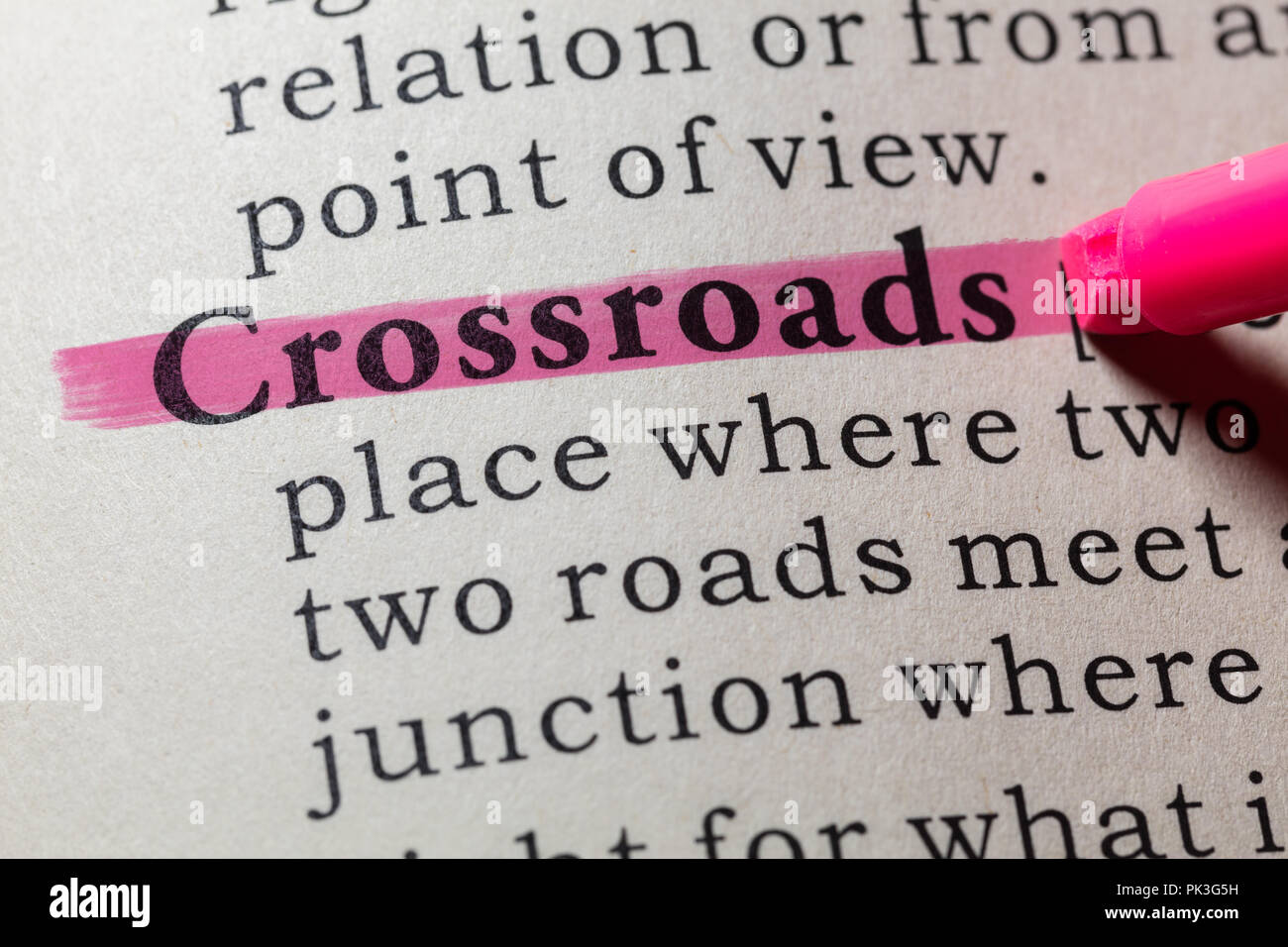 Fake Dictionary, Dictionary definition of the word crossroads. including key descriptive words. Stock Photo