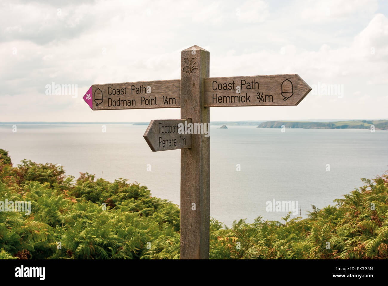 South West Coastal Path signpost for Dodman Point, Hemmick and Penare, South Cornwall, England, UK Stock Photo