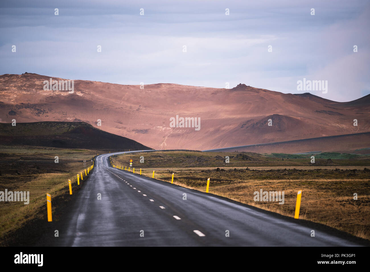 Road (highway) N1 in Iceland. Geothermal valley of Hverir near Namafjall and pass Namaskard Stock Photo