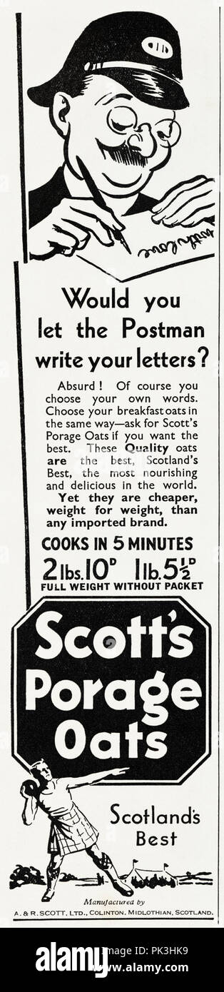 1930s old vintage original advert advertising Scott's Porage Oats in English magazine circa 1932 Stock Photo