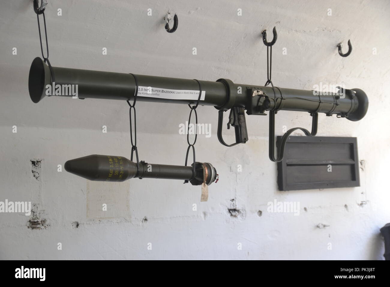 3.5 inch super bazooka used in WWII and Korean conflict. Chapel Bay Fort & Museum at Angle, Pembrokeshire, Wales, UK Stock Photo