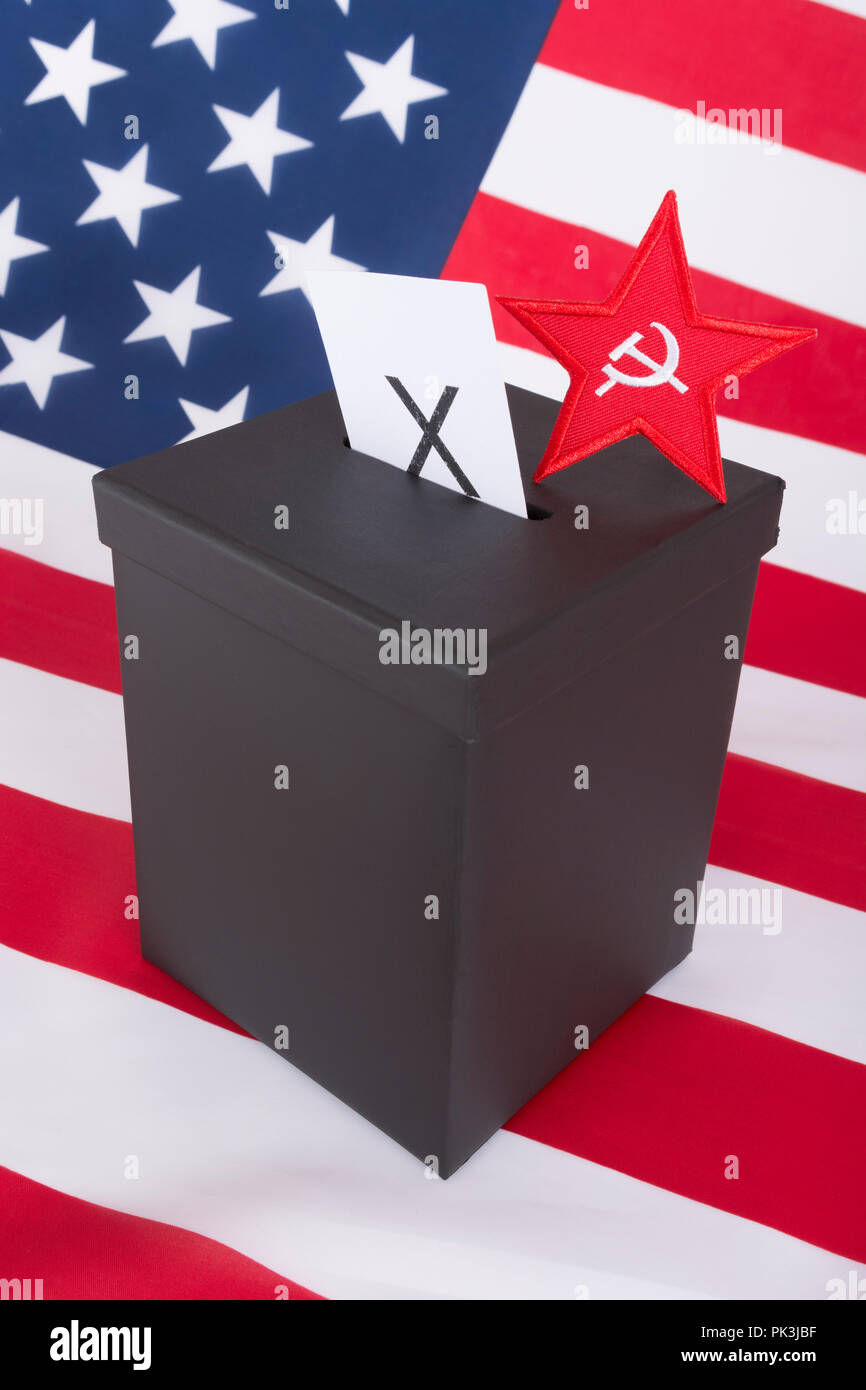 2020 US Presidential Election / Midterm elections America in 2022. Party logo (patch) and ballot box. US Radical Left, election USA concept. Stock Photo