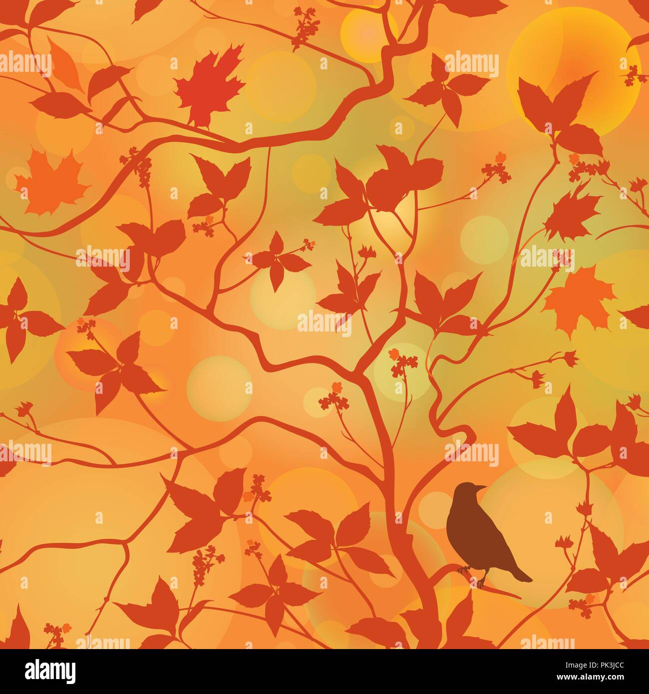 Fall leaves floral seamless pattern. Autumn forest background with bird on branch Stock Vector