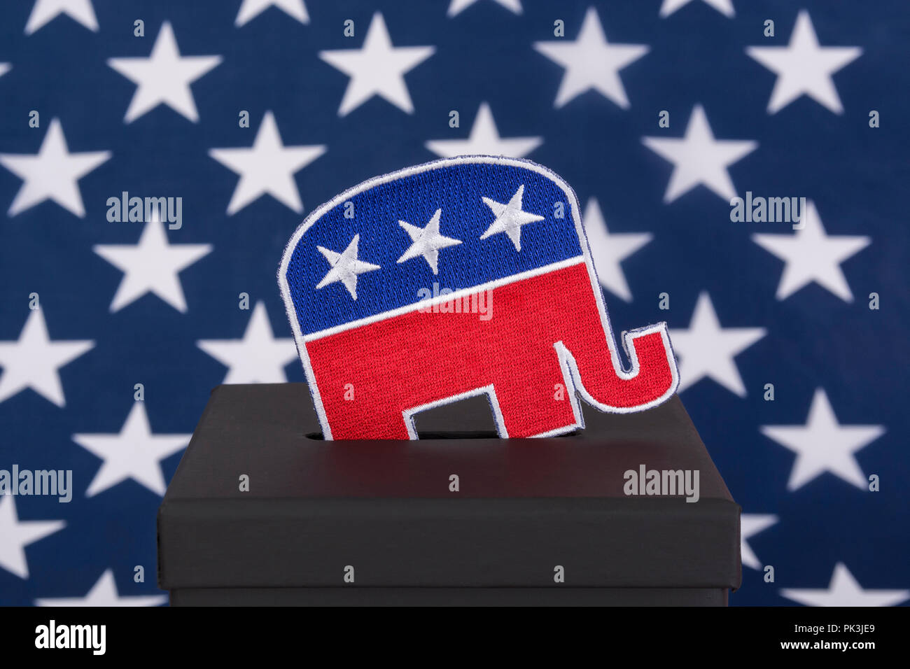 2024 US Presidential Election / 2022 Midterms America. GOP / Republican Party / republican elephant logo (patch) & ballot box, election USA, red wave. Stock Photo