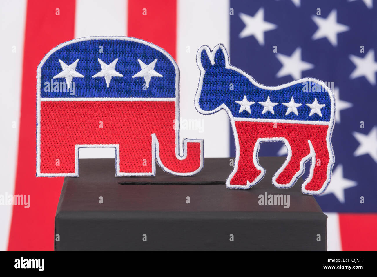 2024 US Presidential Election race / Midterm election America 2022. GOP / Republican elephant & Democratic Donkey logos & ballot box, election USA Stock Photo