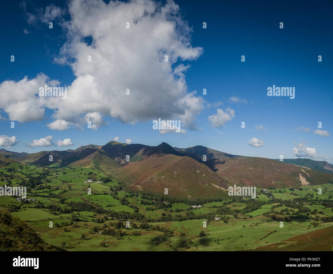 View across the Newlands Valley as seen from the summit of Catbells Fell, English Lake District. Stock Photo